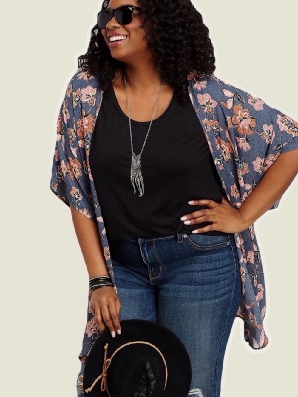 Maurices Blue Floral Open-Front Kimono Sweater